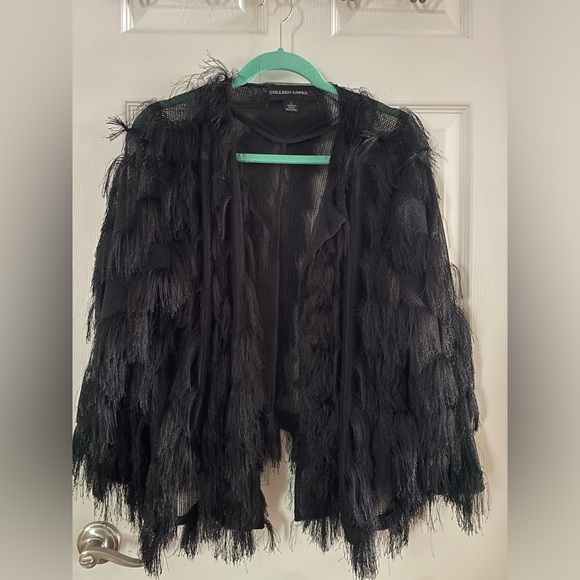 Colleen Lopez Jackets & Blazers - Colleen Lopez Black Fringe Open-Front Cardigan Large